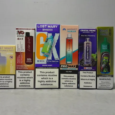 APPROXIMATELY 15 ASSORTED E-CIGARETTE PRODUCTS TO INCLUDE - LOST MARY , CRYSTAL PRIME , HAYATI PRO MAX ETC