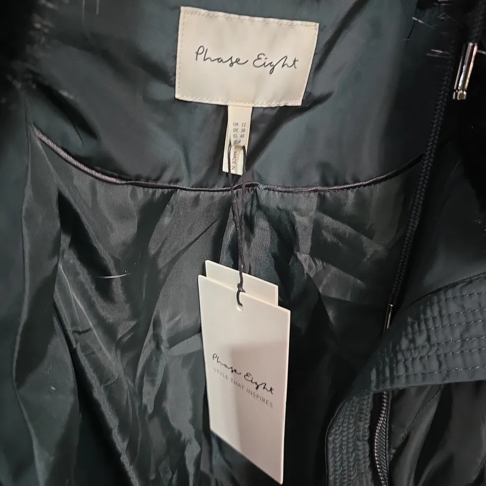 PHASE EIGHT WOMEN'S PADDED COAT WITH FAUX FUR TRIM – UK 12, DARK TEAL