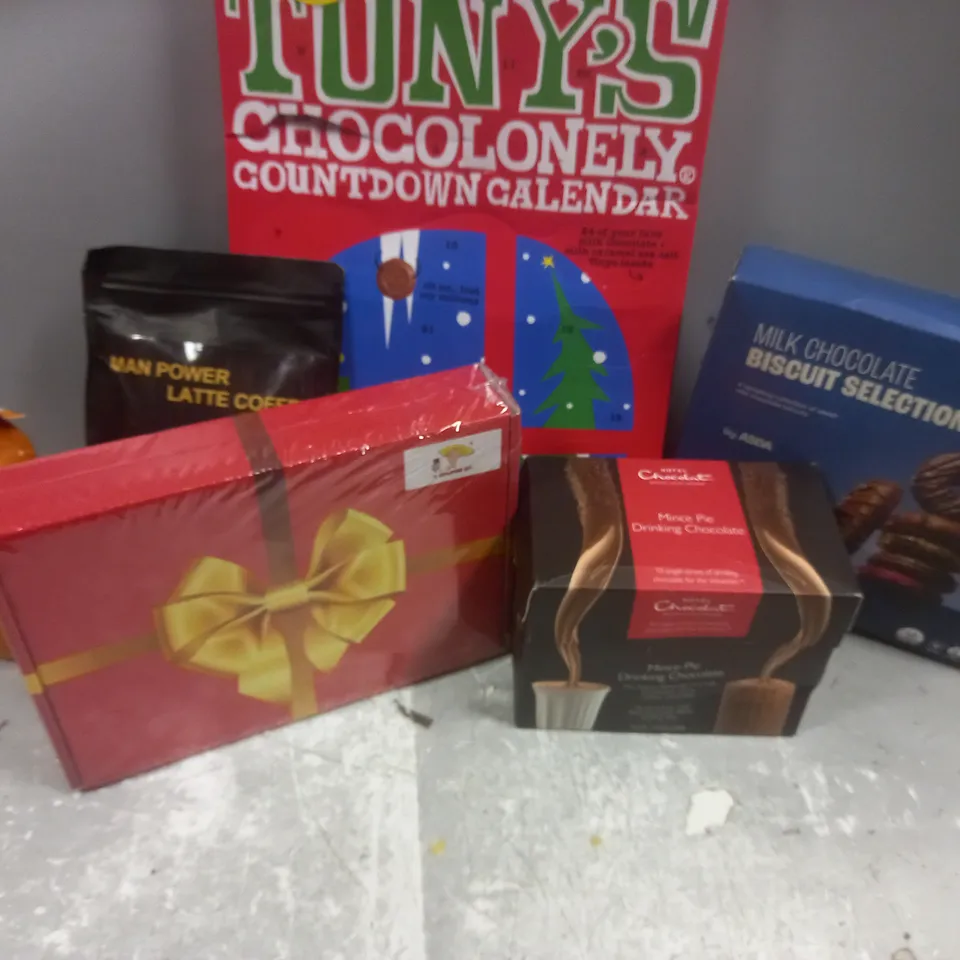 SIX ASSORTED FOOD BASED PRODUCTS TO INCLUDE; TONY'S CHCOLONEY COUNTDOWN CALENDAR, MILK CHOCOLATE BISCUIT SELECTION, HOTEL CHOCOLAT DRINKING CHOCOLATE, RETRO SWEET PACK AND SIRACHA SAUCE