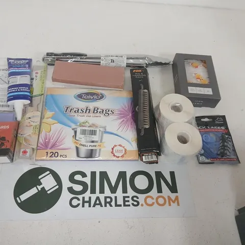 MIXED HOUSEHOLD CONSUMABLES & SMALL ITEMS LOT TO INLCUDE; TRASH BAGS, STRING LIGHTS AND TRADING CARD PROTECTORS