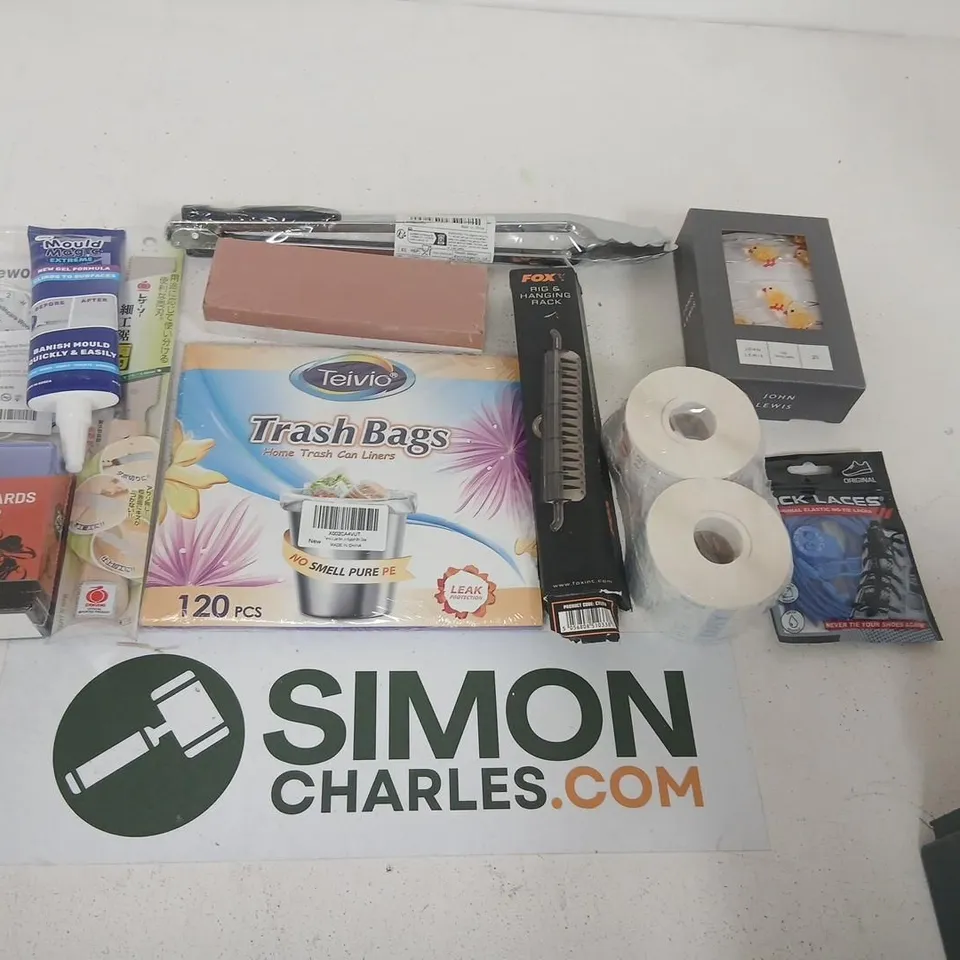 MIXED HOUSEHOLD CONSUMABLES & SMALL ITEMS LOT TO INLCUDE; TRASH BAGS, STRING LIGHTS AND TRADING CARD PROTECTORS