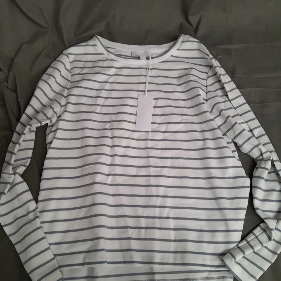 THE WHITE COMPANY BUTTON CUFF DETAIL STRIPE TOP IN PALE BLUE/WHITE - SIZE 10