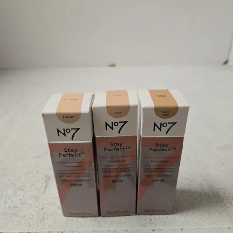 NO7 STAY PERFECT FOUNDATION SPF30 – 3 X 30ML FOUNDATIONS (PORCELAIN, CALICO, WARM BEIGE)