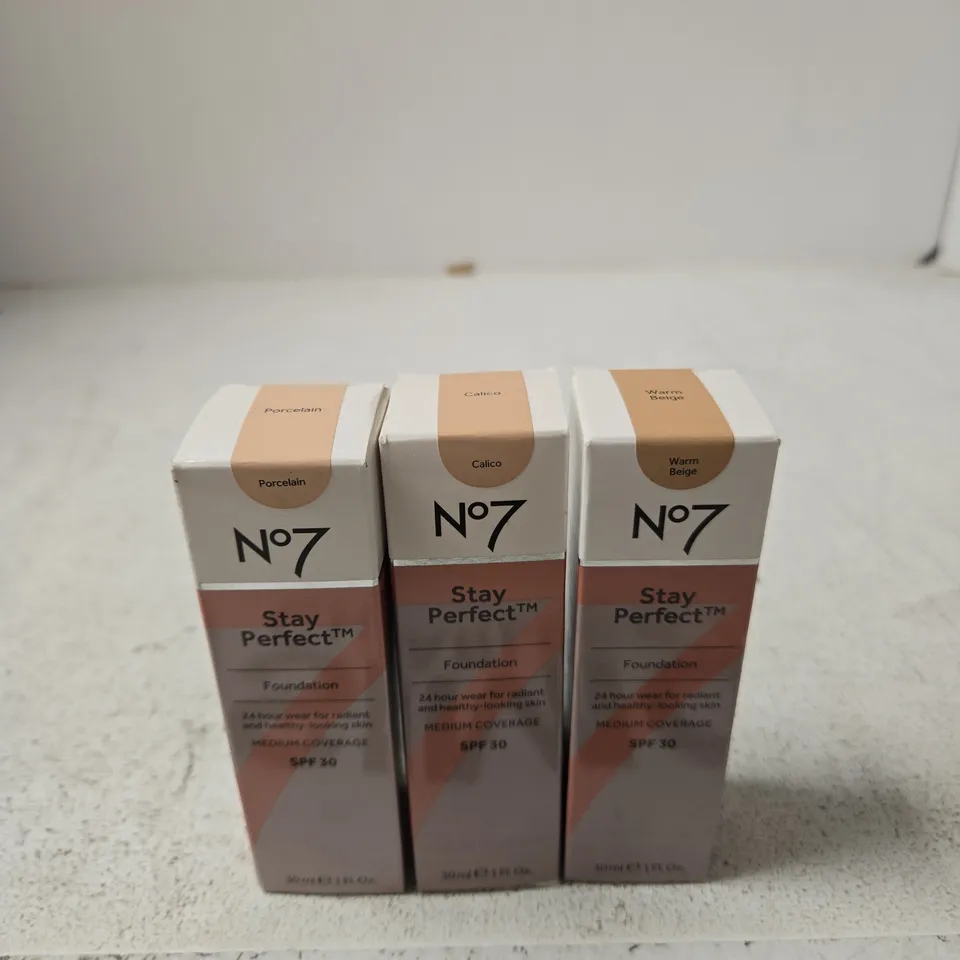 NO7 STAY PERFECT FOUNDATION SPF30 – 3 X 30ML FOUNDATIONS (PORCELAIN, CALICO, WARM BEIGE)