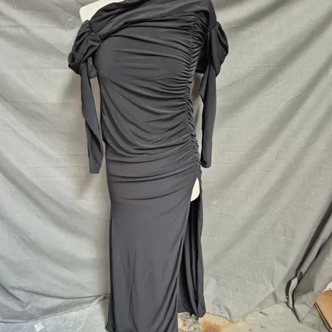 CLUB L DRAPED LONG SLEEVE MAXI DRESS WITH SIDE SPLIT - BLACK - SIZE 10