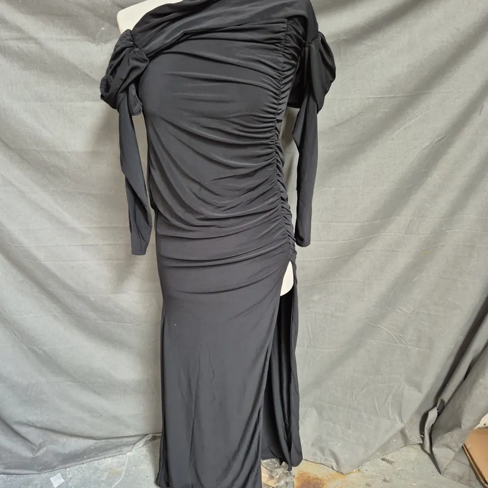 CLUB L DRAPED LONG SLEEVE MAXI DRESS WITH SIDE SPLIT - BLACK - SIZE 10