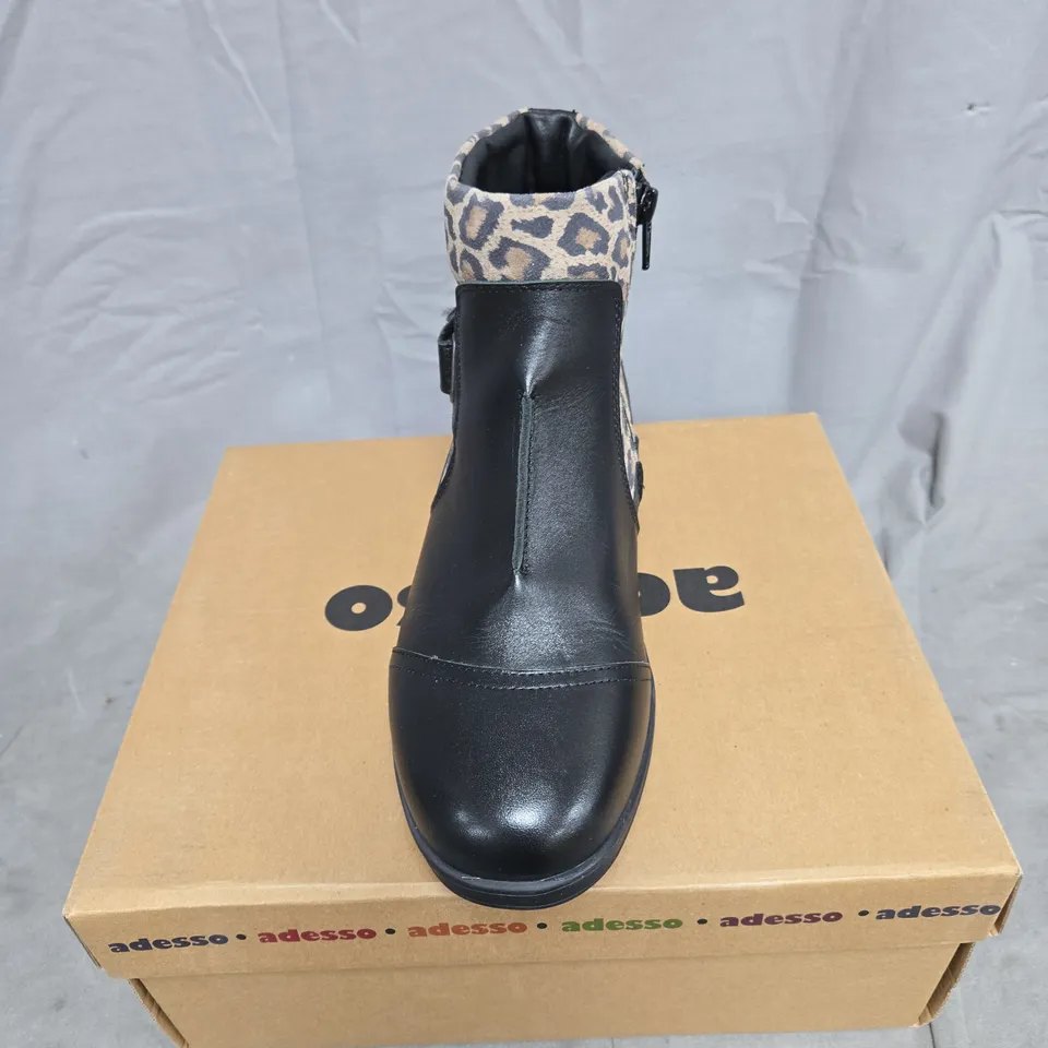 ADESSO BLACK/ANIMAL PRINT ANKLE BOOT SIZE 40 BOXED