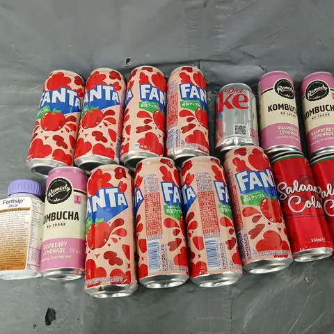 TOTE OF APPROXIMATELY 10 ASSORTED DRINKS ITEMS TO INCLUDE - DIET COKE, KOMBUCHA RASPBERRY, AND FANTA ETC.