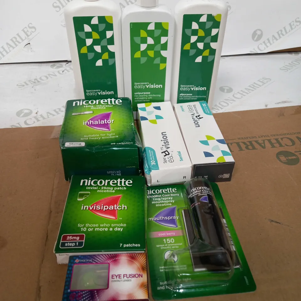 BOX OF ASSORTED MEDICAL APPLIANCES TOO INCLUDE NICORETTE PATRCHES , EYE LENSES AND EYE DROPS 