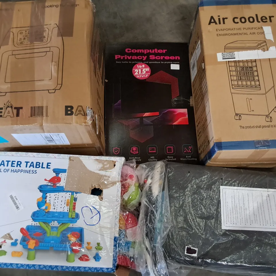 PALLET OF ASSORTED HOUSEHOLD ITEMS TO INCLUDE AIR COOLER, AIR FRYER AND WATER TABLE