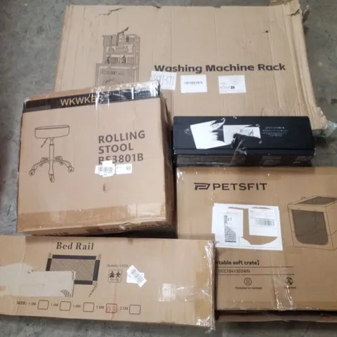 PALLET CONTAINING ASSORTED PRODUCTS INCLUDING WASHING MACHINE RACK, ROLLING STOOL, 2-IN-1 HAIR DRYER BRUSH, PORTABLE SOFT CRATE & BED RAIL