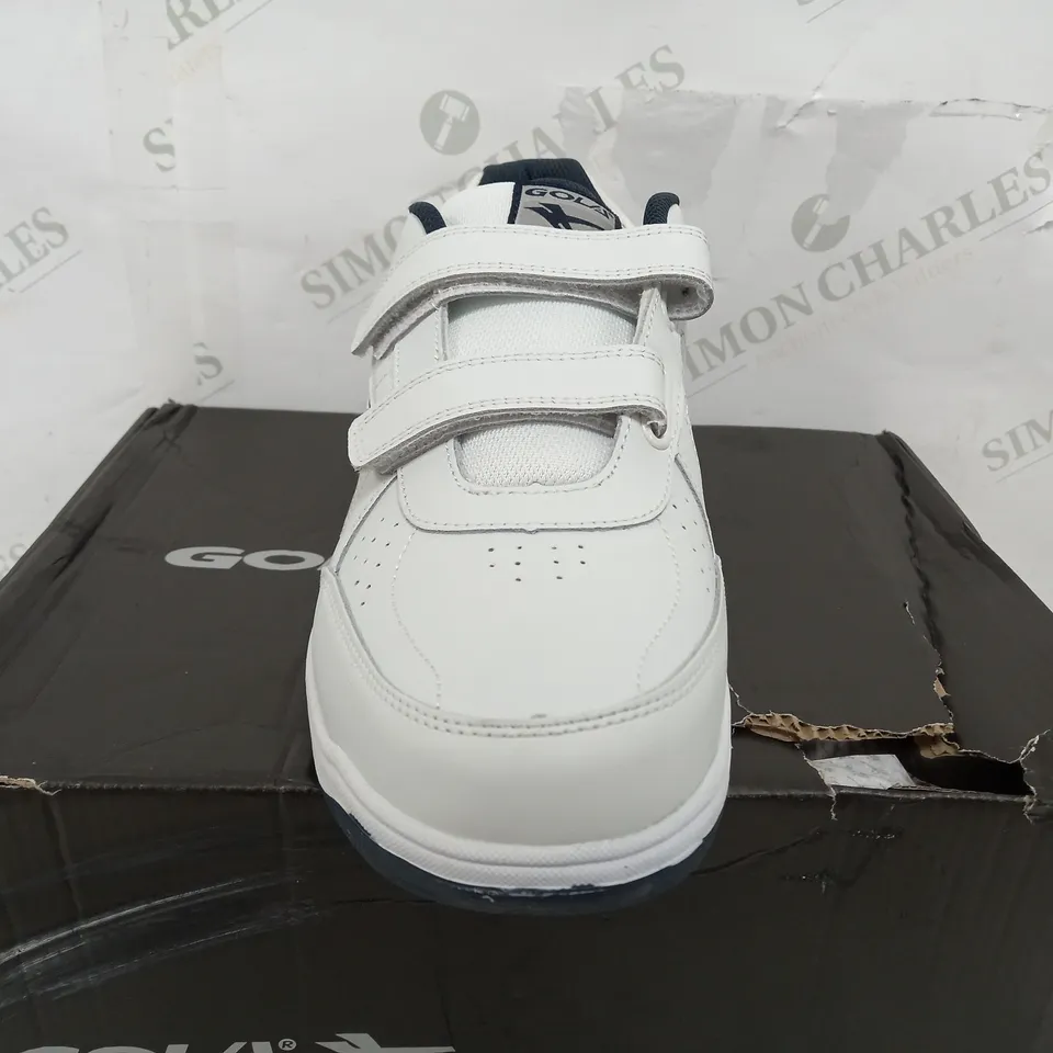 BOXED PAIR OF GOLA BELMONT VELCRO WHITE TRAINERS - UK 12