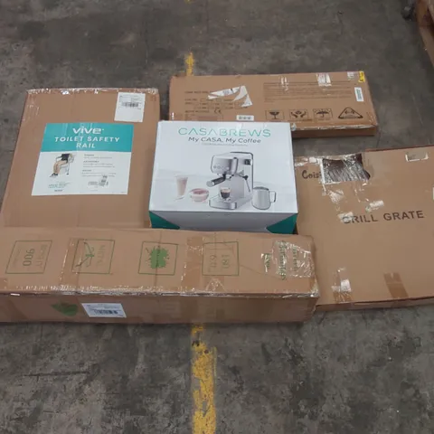 PALLET OF ASSORTED ITEMS INCLUDING: ESPRESSO COFFEE MACHINE, ARTIFICIAL CHRISTMAS TREE, TOILET SAFETY RAIL, GRILL GATE, BED RAIL GUARD ECT