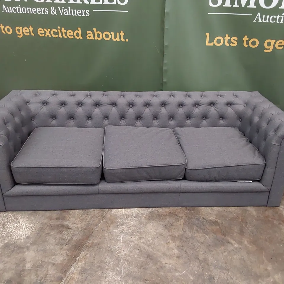 DESIGNER THREE SEATER CHESTERFIELD SOFA GREY FABRIC 