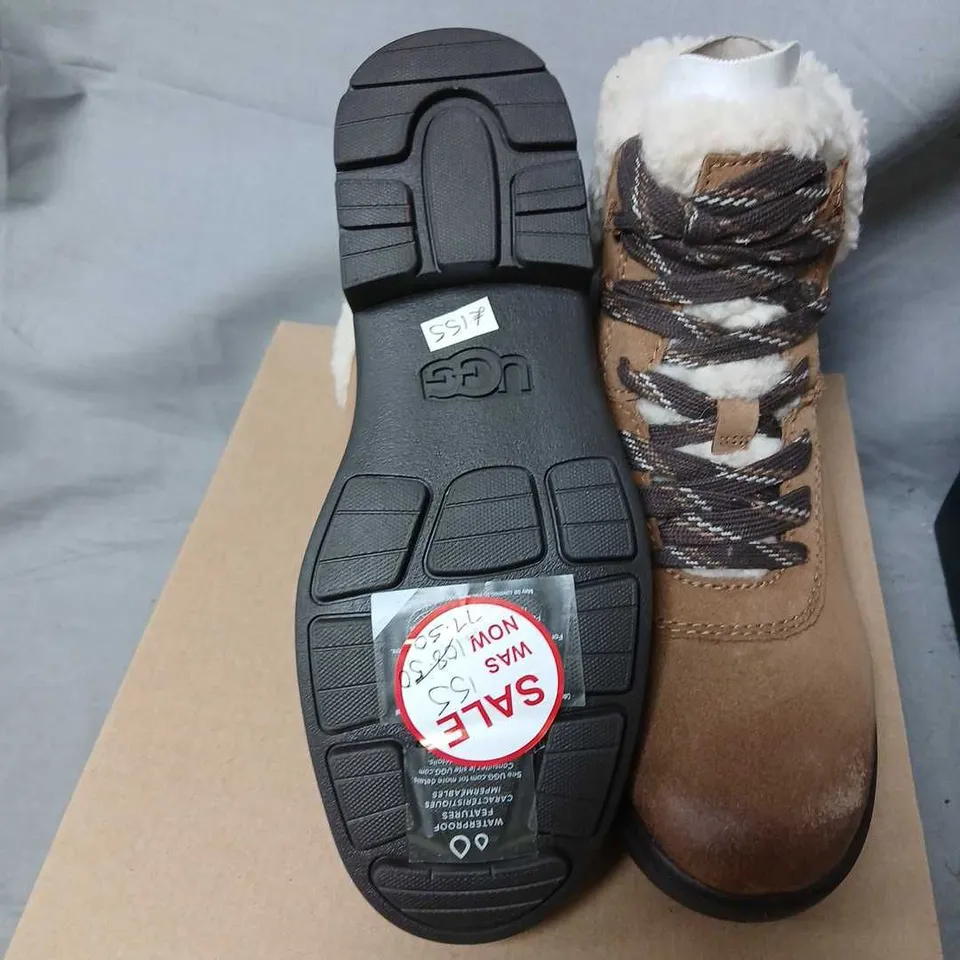 UGG HARRISON COZY LACE BOOTS - BROWN LEATHER WITH SHEARLING, UK SIZE 6