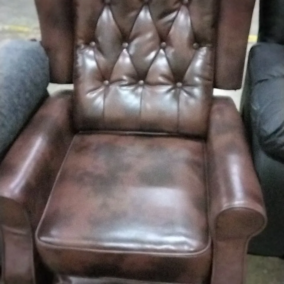 DESIGNER BROWN LEATHER BUTTON BACK RECLINING ARM CHAIR