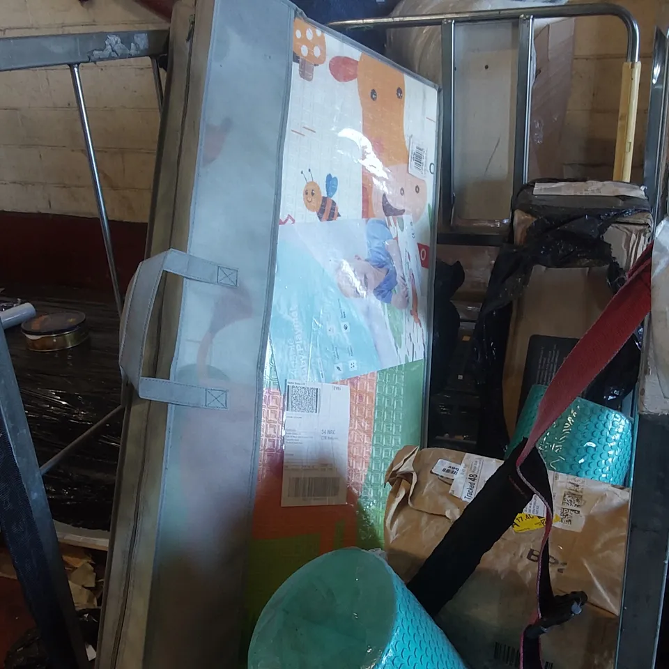 CAGE CONTAINING A LARGE QUANTITY OF ASSORTED ITEMS INCLUDING: YOGA MATS, PLAY MAT, FOAM ROLLER ECT  // CAGE NOT INCLUDED 