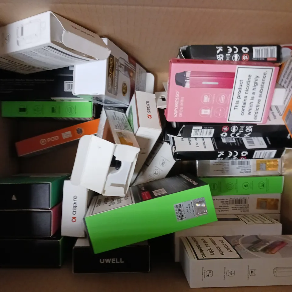 BOX OF APPROXIMATELY 18 ASSORTED E-CIGARETTES TO INCLUDE - ASPIRE , UWELL , VAPORESSO ETC