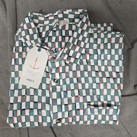 SEASALT CORNWALL MENS BLUE HERON SHORT SLEEVE SHIRT IN TABLE CHECK SIZE LARGE