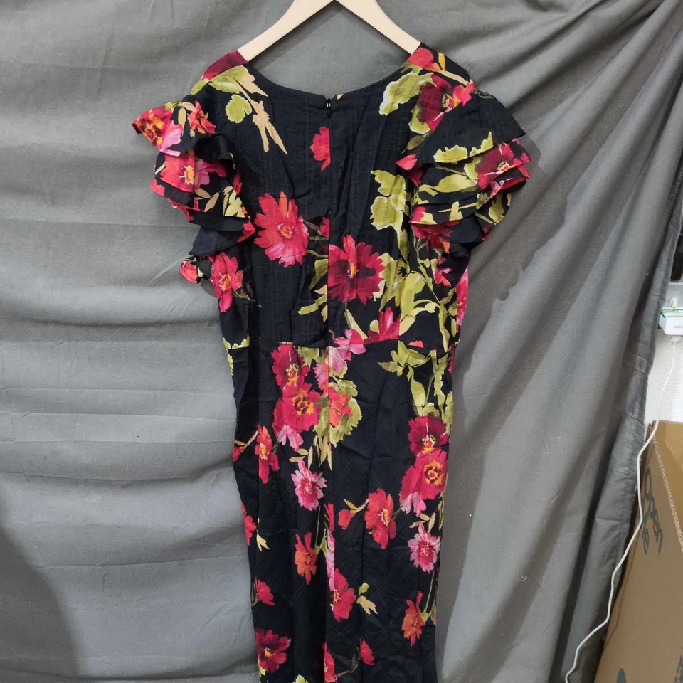NOBODY'S CHILD FLORAL MAXI DRESS – BLACK WITH PINK & RED FLOWERS, UK 18