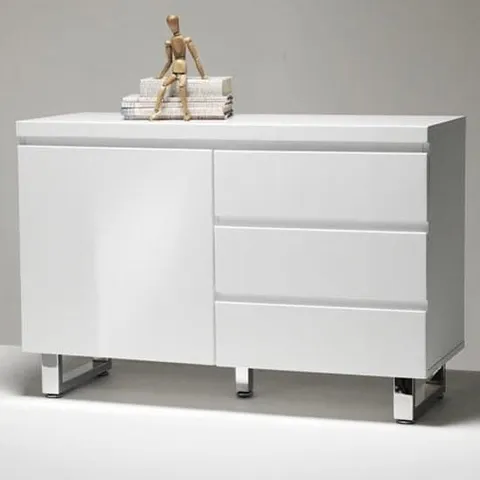 BOXED SYDNEY SMALL SIDEBOARD 3 DRAWERS, 1 DOOR IN HIGH GLOSS WHITE