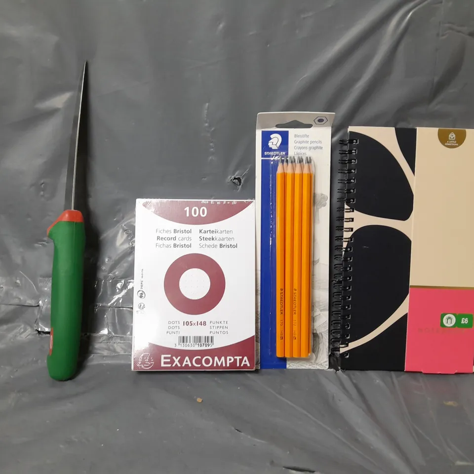 BOX OF APPROXIMATELY 12 ASSORTED ITEMS TO INCLUDE - NOTEBOOK , PENCIL , EXACOMPTA RECORD CARDS ETC