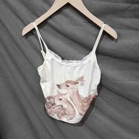 CIDER WOMEN'S WHITE CAMISOLE TOP WITH LACE TRIM AND DEER PRINT XS SIZE