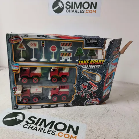 TAKE APART FIRE TRUCKS TOY SET IN BOX β BOXED, WITH ROAD SIGNS & TREES - DAMAGED BOX