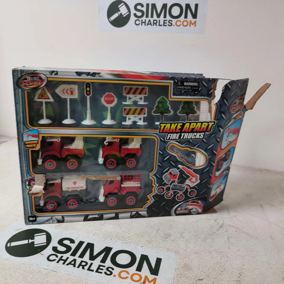 TAKE APART FIRE TRUCKS TOY SET IN BOX – BOXED, WITH ROAD SIGNS & TREES - DAMAGED BOX