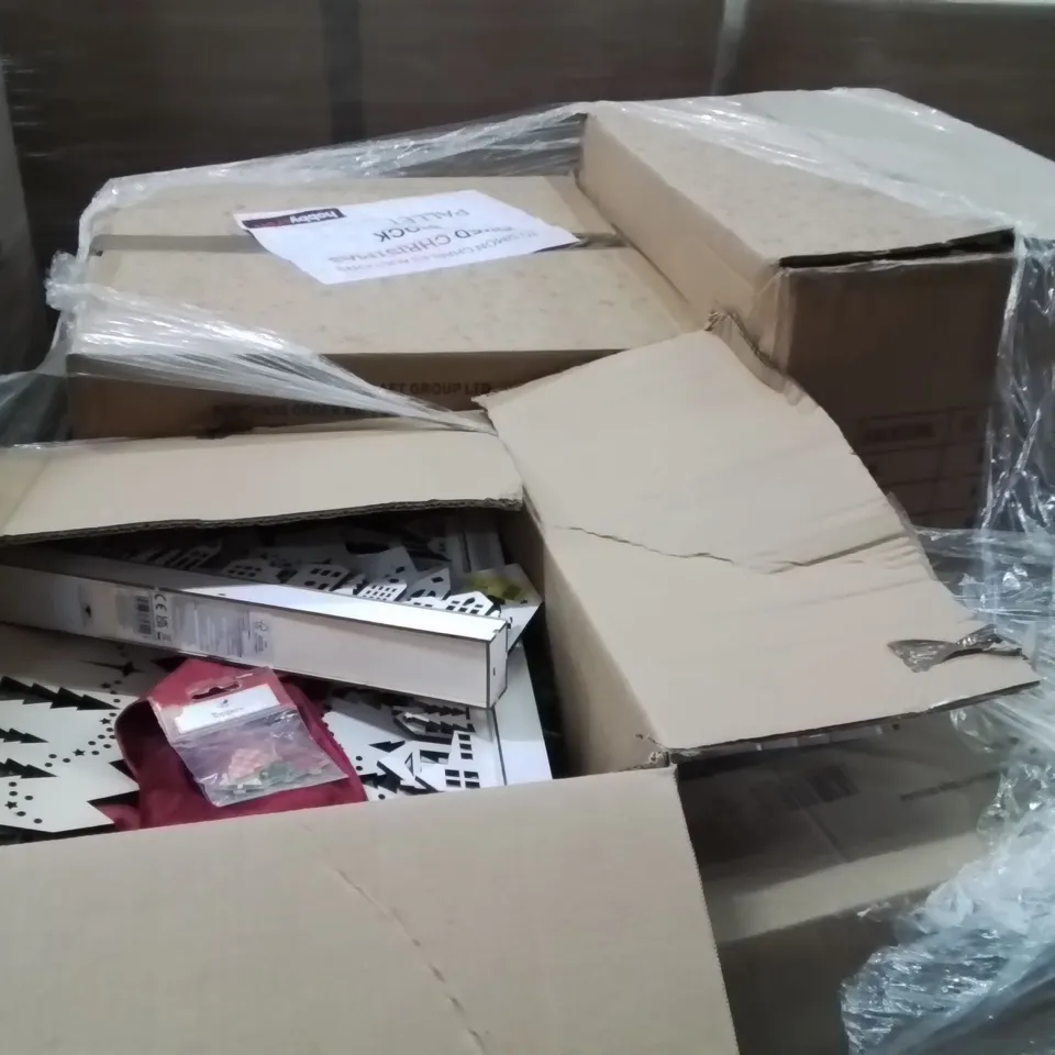 PALLET CONTAINING A LARGE QUANTITY OF ASSORTED CHRISTMAS DECORATIONS AND PRODUCTS TO INCLUDE;LED WOODEN TREE,VELVET STOCKING,TOPPERS