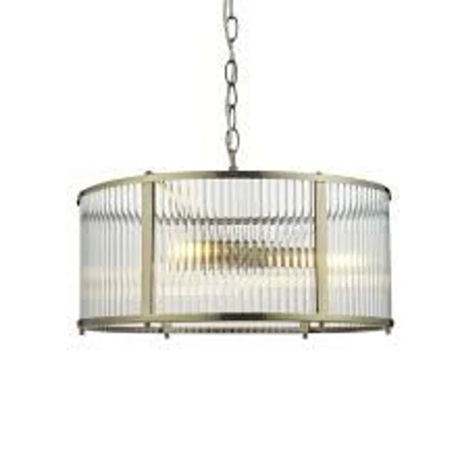 BOXED ENDON RIDGETON 3 LIGHT CEILING PENDANT LIGHT IN ANTIQUE BRASS WITH RIBBED GLASS