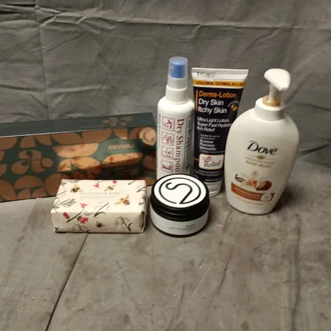 APPROXIMATELY 20 HEALTH AND BEAUTY PRODUCTS TO INCLUDE DOVE HAND WASH, DERMA-LOTION DRY SKIN CREAM AND MUDD MATT GROOMER