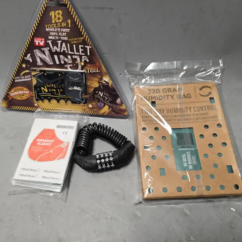 APPROXIMATELY 12 ASSORTED ITEMS TO INCLUDE - 320 GRAM HUMIDITY BAG , NINJA WALLET , EMERGENCY BLANKET ETC