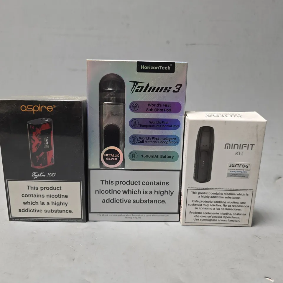 BOX OF APPROXIMATELY 15 ASSORTED E-CIGARETTES PRODUCTS TO INCLUDE - HORIZON TECH TALOONS 3 ,MINIFIT , ASPIRE ETC