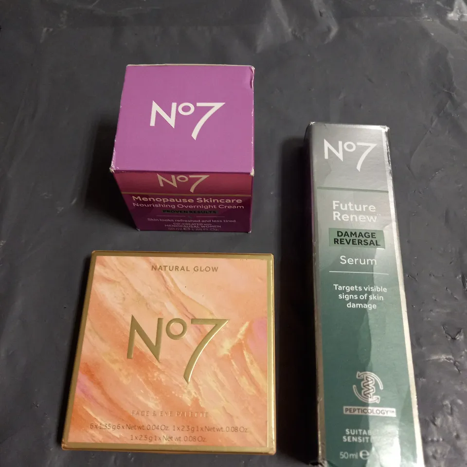 N07 LOT OF 3 ASSORTED COSMETIC PRODUCTS TO INCLUDE - OVERNIGHT CREAM - NATURAL GLOW FACE & EYE PALETTE - FUTURE RENEW SERUM