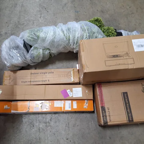 PALLET CONTAINING ASSORTED PRODUCTS INCLUDING FOOT BATH MASSAGER DEVICE, WALL PANELING KIT, VINYL RECORD PLAYER, INDOOR SINGLE POLE, RETRACTABLE SAFELY GATE & ARTIFICIAL BUSHES