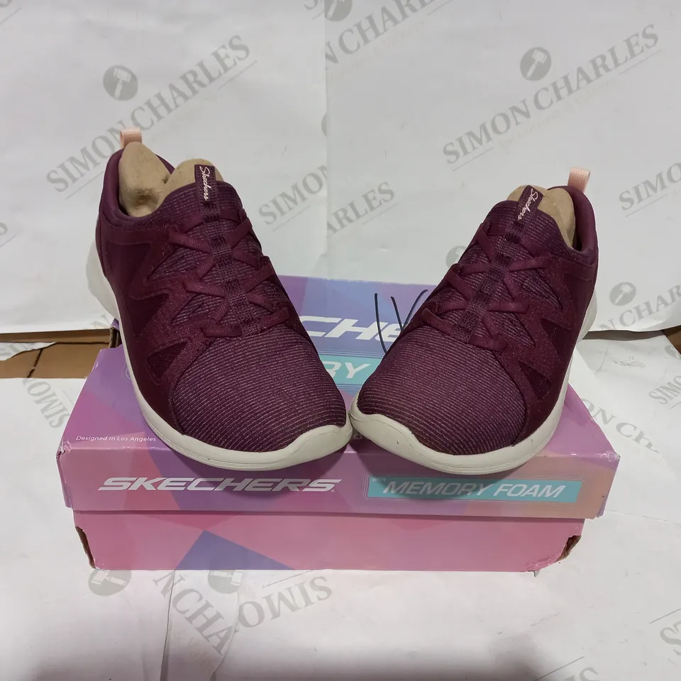 BOXED PAIR OF SKECHERS BURGUNDY SLIP ON TRAINERS  - SIZE 5