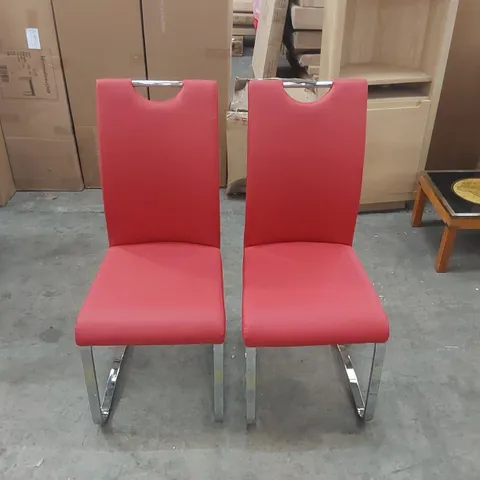 PAIR OF DESIGNER RED FAUX LEATHER DINING CHAIRS