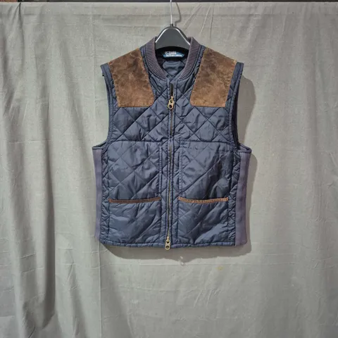 POLO BY RALPH LAUREN QUILTED NAVY VEST WITH BROWN SUEDE SHOULDER PATCHES, MEN'S, SIZE M