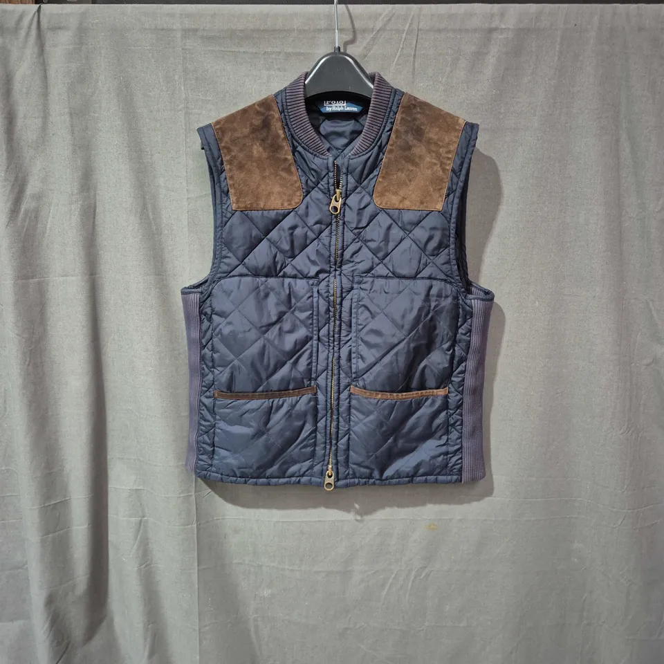 POLO BY RALPH LAUREN QUILTED NAVY VEST WITH BROWN SUEDE SHOULDER PATCHES, MEN'S, SIZE M