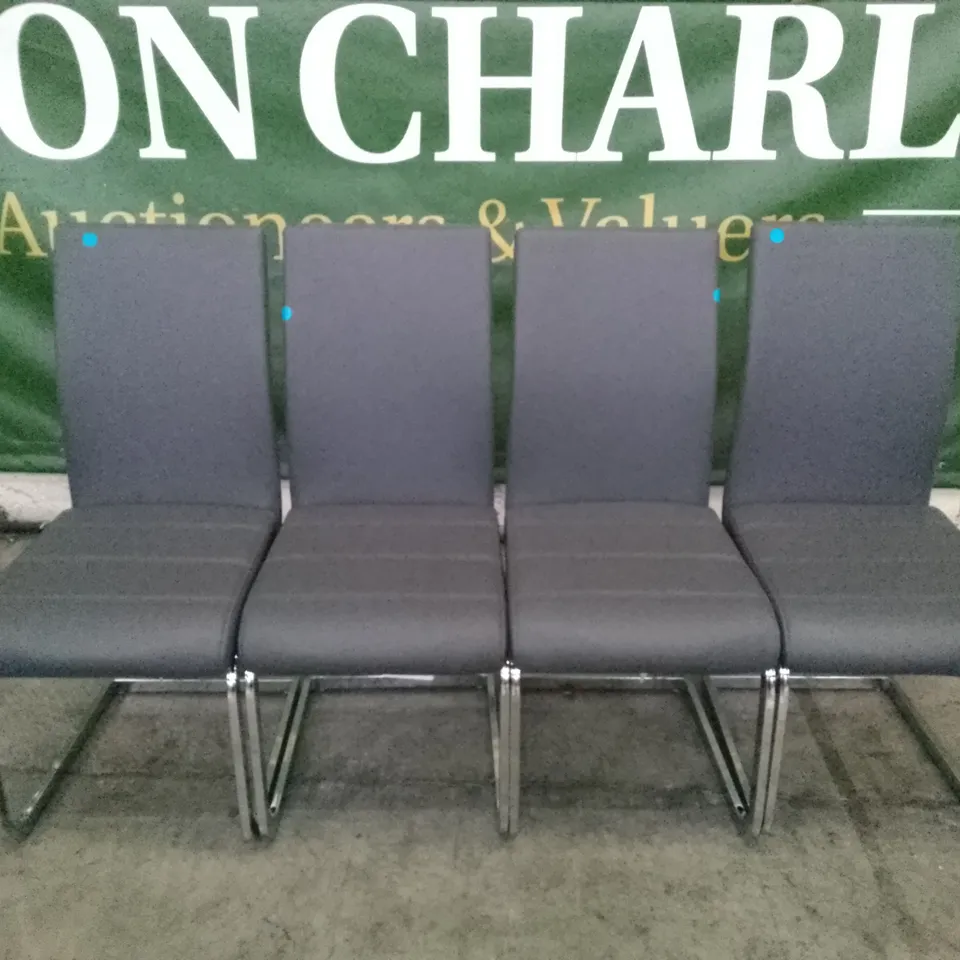 SET OF 4 NEW PERTH GREY LEATHER DINING CHAIRS (CHROME LEG)