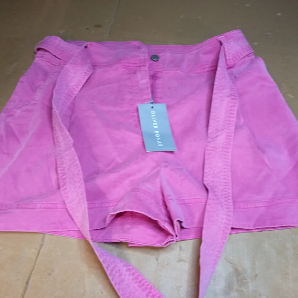 OLIVER BONAS MULTI STITCH BELTED PINK SHORTS - SIZE 10 PINK