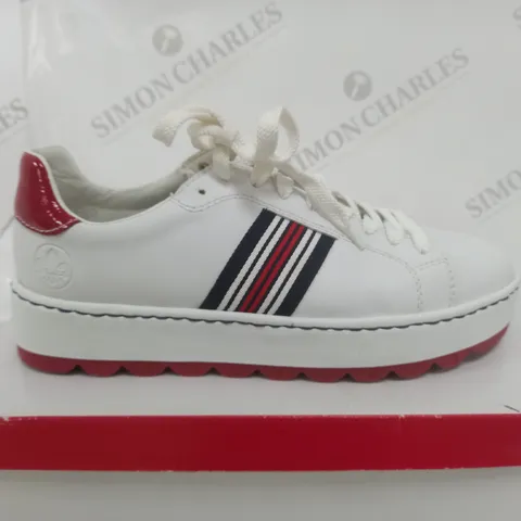 BOXED PAIR OF REIKER SCALLOP SOLE LACE WHITE TRAINERS - SIZE 7 1/2