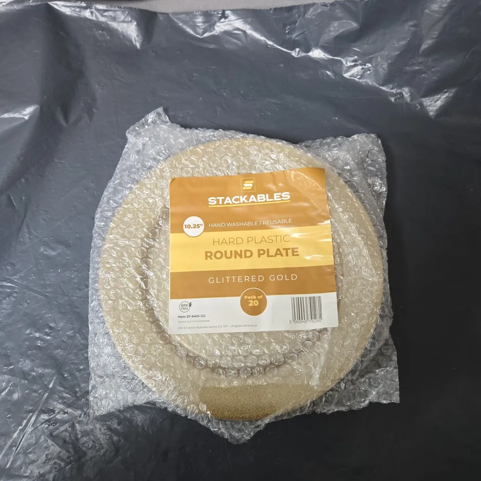 STACKABLES GLITTERED GOLD ROUND HARD PLASTIC PLATES – PACK OF 20, 10.25" DIAMETER