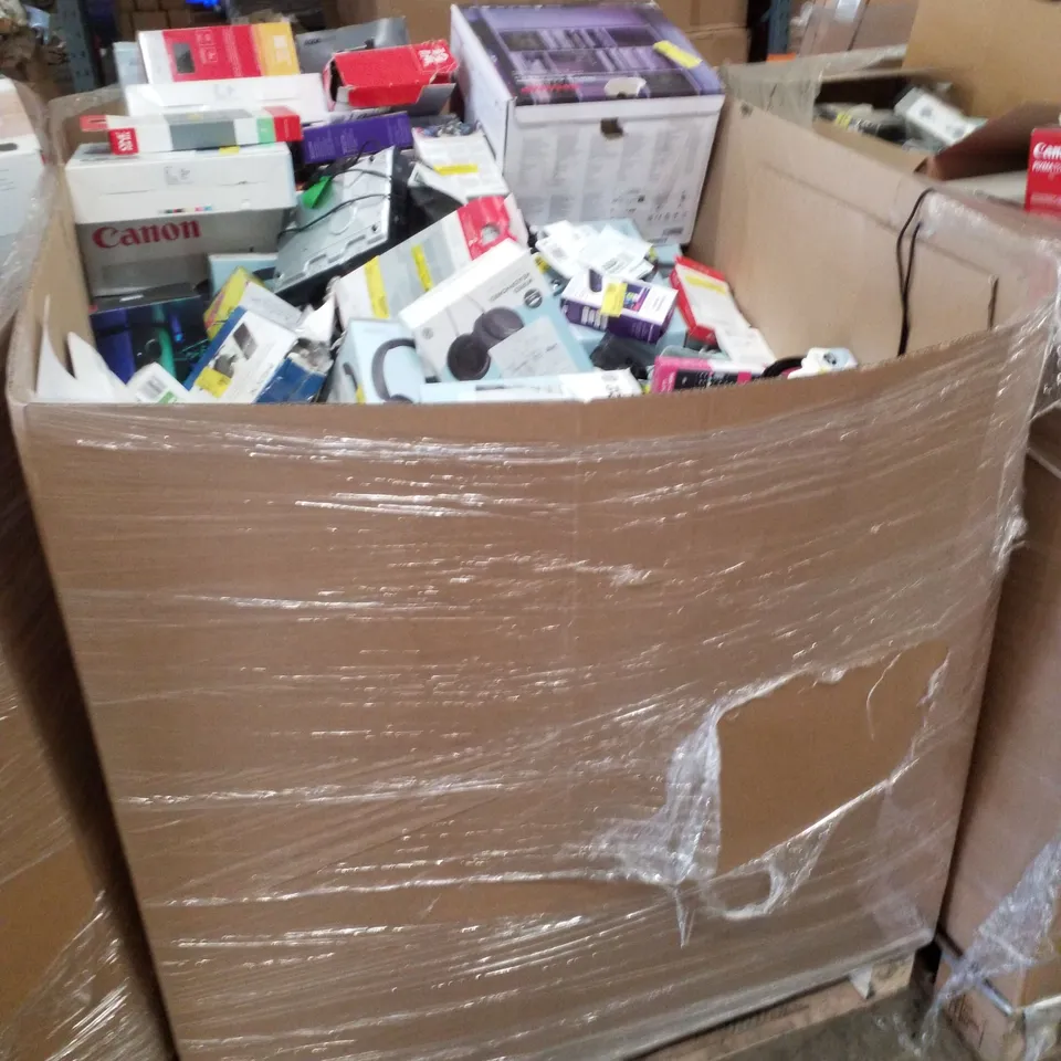PALLET CONTAINING ASSORTED ELECTRICAL PRODUCTS INCLUDING CANON PIXMA TS3350 PRINTER, BLUETOOTH BOOKSHELF SPEAKER, GAMING KEYBOARD, HDMI DVD PLAYER,  HEADPHONES & AERIAL