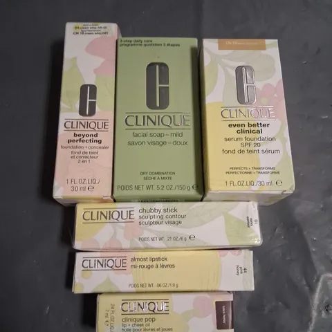SIX ASSORTED CLINIQUE BEAUTY PRODUCTS TO INCLUDE; LIP AND CHEEK OIL, ALMOST LIPSTICK, SERUM FOUNDATION SPF 20, FACIAL SOAP- MILD, FOUNDATION AND CONCEALER AND CHUBBY STICK