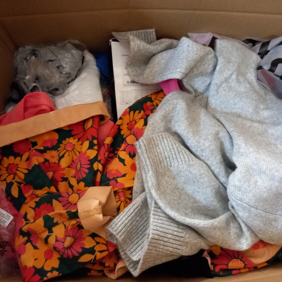 BOX OF ASSORTED CLOTHING ITEMS TOO INCLUDE DRESSES , SHIRTS AND TROUSERS IN VARIOUS SIZES AND COLOURS   