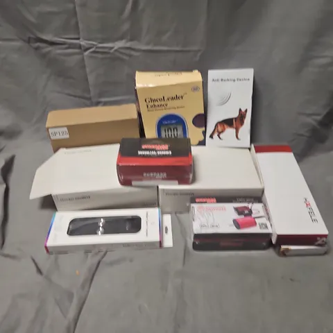 APPROXIMATELY 12 ASSORTED ELECTRICAL ITEMS TO INCLUDE ANTI BARKING DEVICE, GLUCOLEADER ENHANCE, BRUSHLESS POWER SYSTEM, ETC