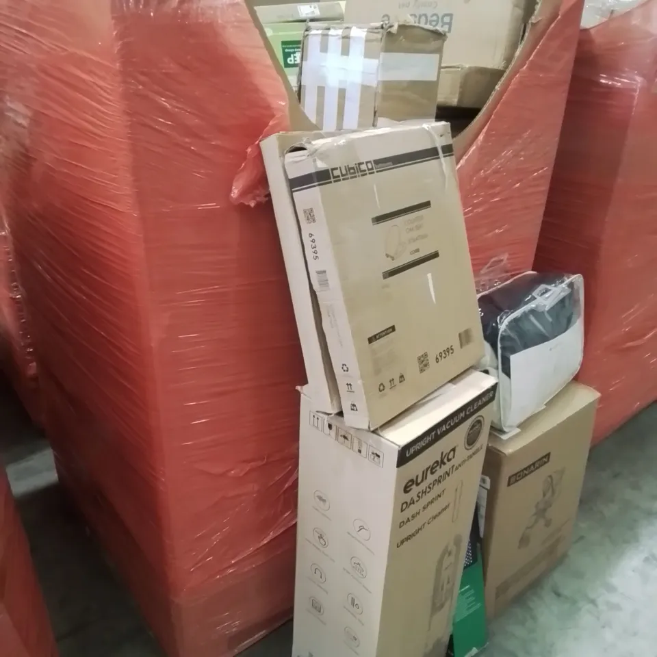 PALLET CONTAINING VARIOUS ASSORTED BOXED HOUSEHOLD ITEMS TO INCLUDE: UPRIGHT VACUUM,  SONARIN PUSHCHAIR, LED AQUARIUM LIGHT, HEATED THROW, AND LOTS MORE UNMARKED BOXED ITEMS 