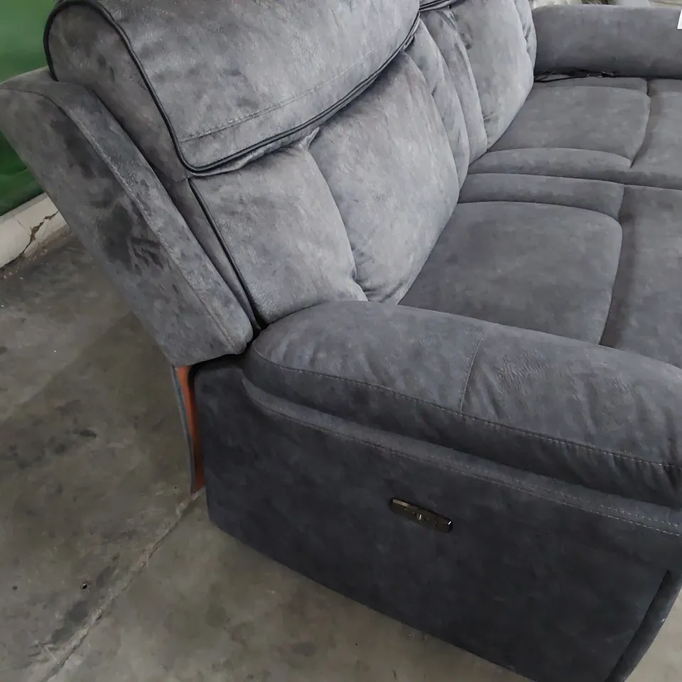 DESIGNER POWER RECLINING THREE SEATER SOFA CHARCOAL FABRIC WITH BLACK PIPING